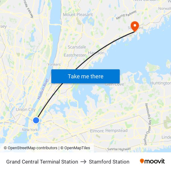 Grand Central Terminal Station to Stamford Station map