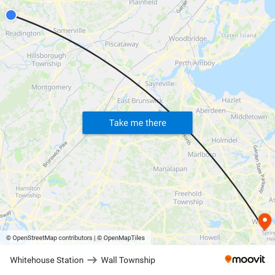 Whitehouse Station to Wall Township map