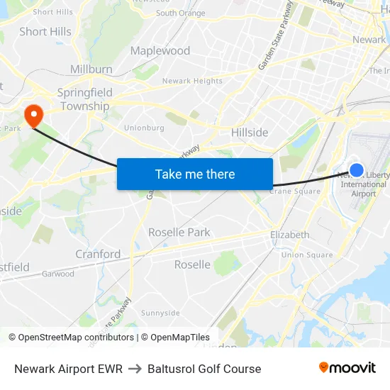 Newark Airport EWR to Baltusrol Golf Course map