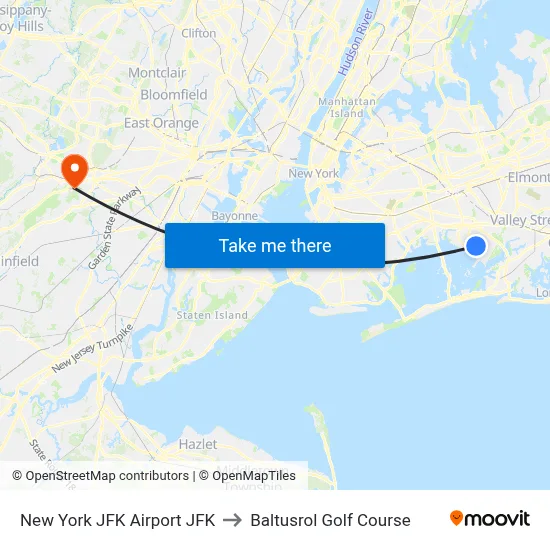 New York JFK Airport JFK to Baltusrol Golf Course map