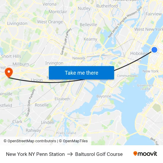 New York NY Penn Station to Baltusrol Golf Course map