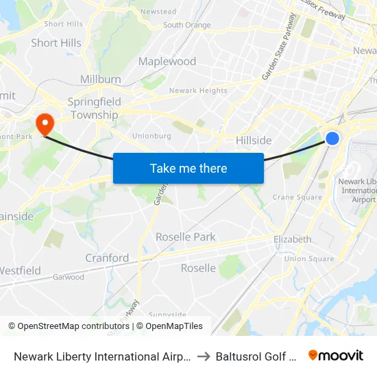 Newark Liberty International Airport Station to Baltusrol Golf Course map
