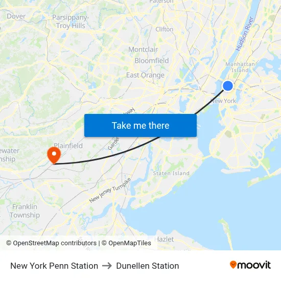 New York Penn Station to Dunellen Station map