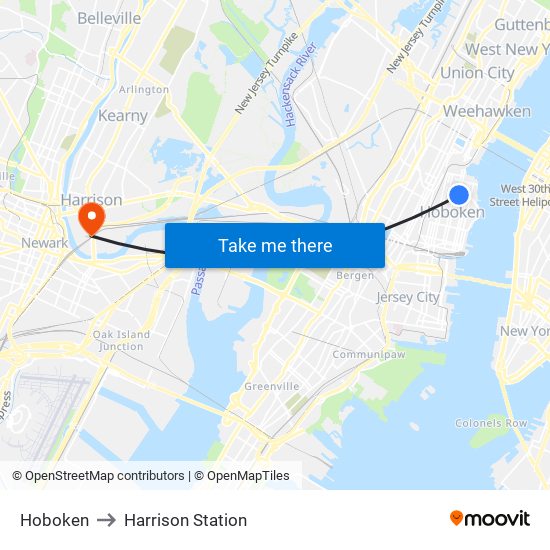 Hoboken to Harrison Station map