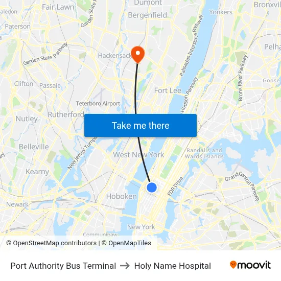 Port Authority Bus Terminal to Holy Name Hospital map