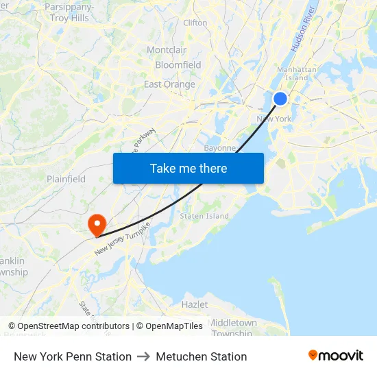 New York Penn Station to Metuchen Station map