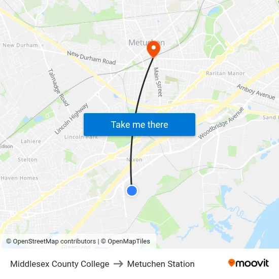 Middlesex County College to Metuchen Station map