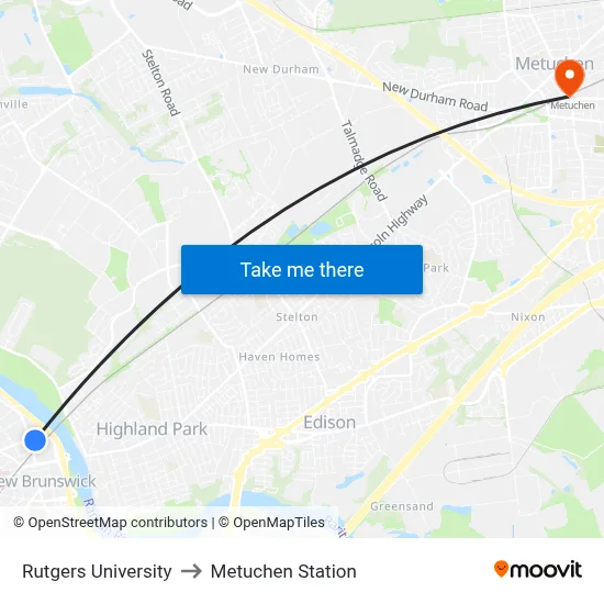 Rutgers University to Metuchen Station map