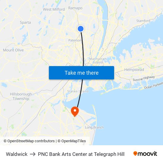 Waldwick to PNC Bank Arts Center at Telegraph Hill map