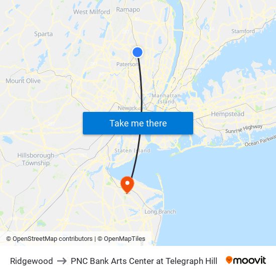 Ridgewood to PNC Bank Arts Center at Telegraph Hill map