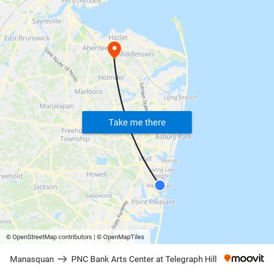 Manasquan to PNC Bank Arts Center at Telegraph Hill map