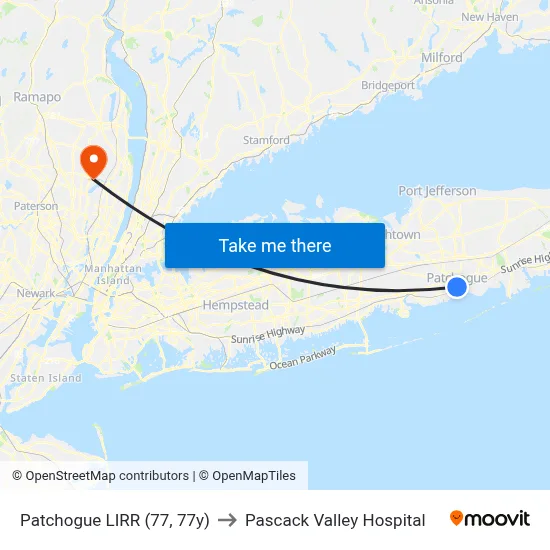 Patchogue LIRR (77, 77y) to Pascack Valley Hospital map