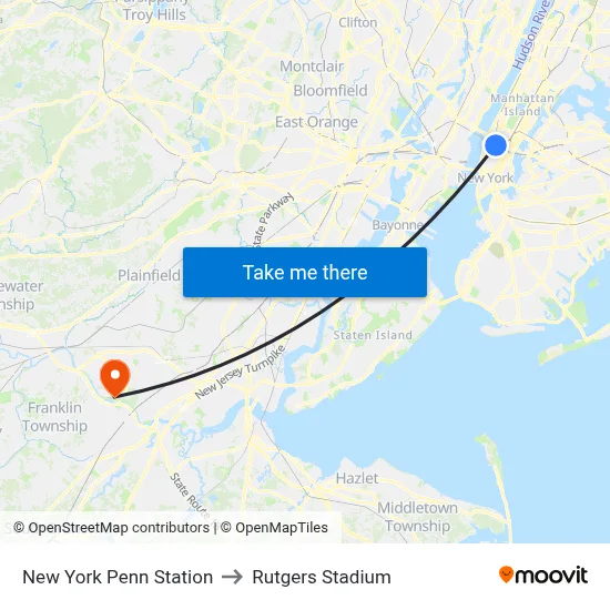 New York Penn Station to Rutgers Stadium map