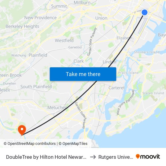 DoubleTree by Hilton Hotel Newark Airport to Rutgers University map