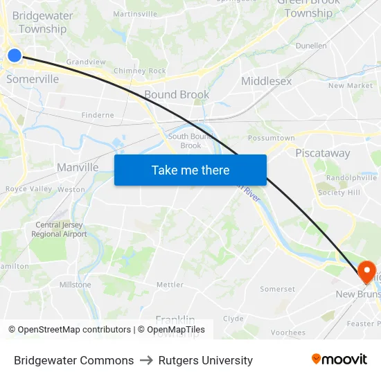Bridgewater Commons to Rutgers University map