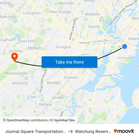 Journal Square Transportation Center to Watchung Reservation map