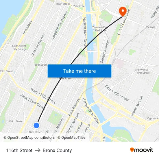 116th Street to Bronx County map