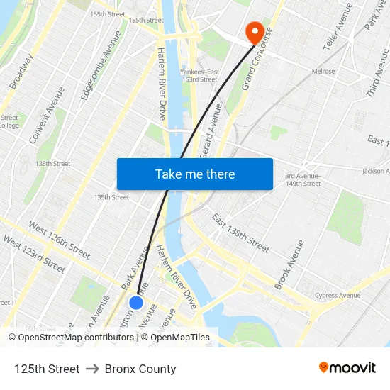 125th Street to Bronx County map