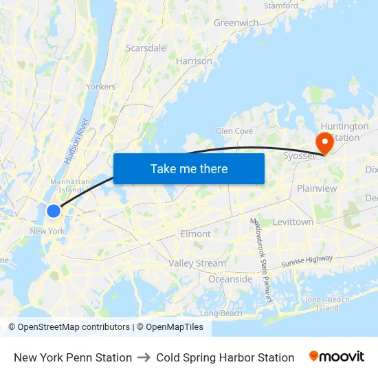 New York Penn Station to Cold Spring Harbor Station map