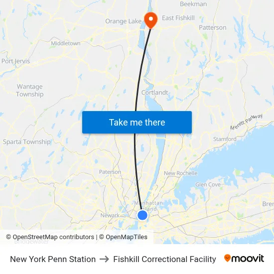 New York Penn Station to Fishkill Correctional Facility map