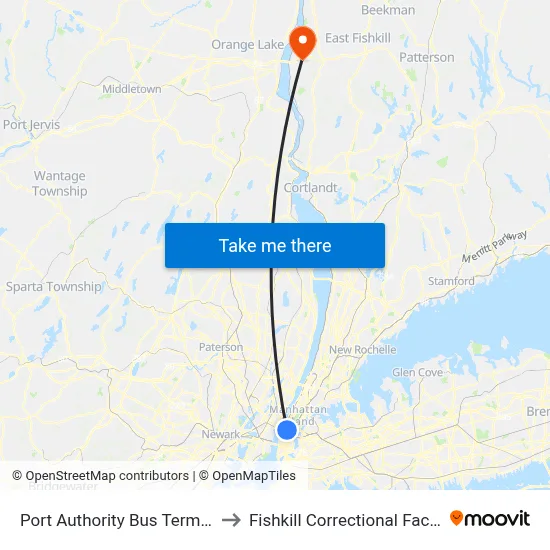 Port Authority Bus Terminal to Fishkill Correctional Facility map