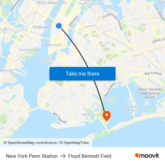 New York Penn Station to Floyd Bennett Field map