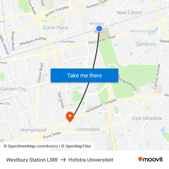 Westbury Station LIRR to Hofstra Universiteit map