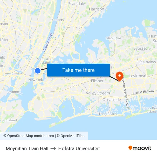 Moynihan Train Hall to Hofstra Universiteit map