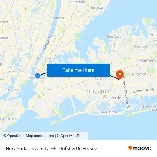 New York University to Hofstra Universiteit map