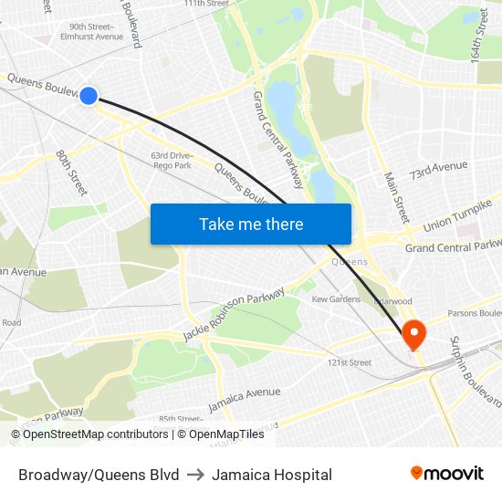 Broadway/Queens Blvd to Jamaica Hospital map