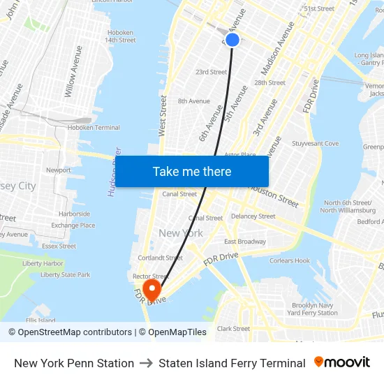 New York Penn Station to Staten Island Ferry Terminal map
