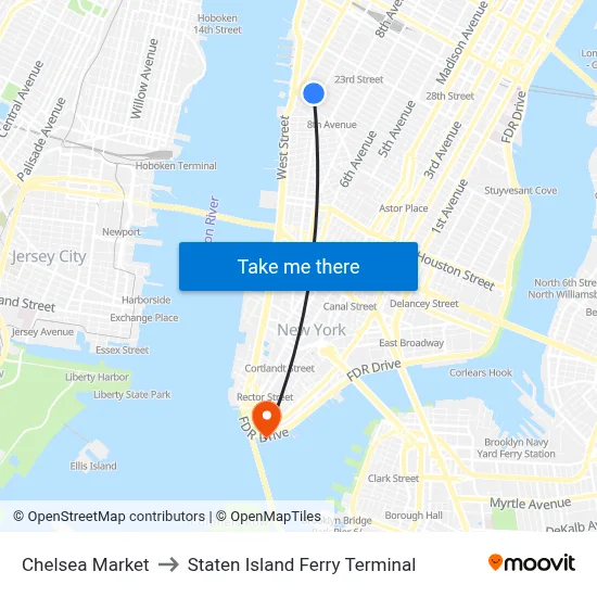 Chelsea Market to Staten Island Ferry Terminal map