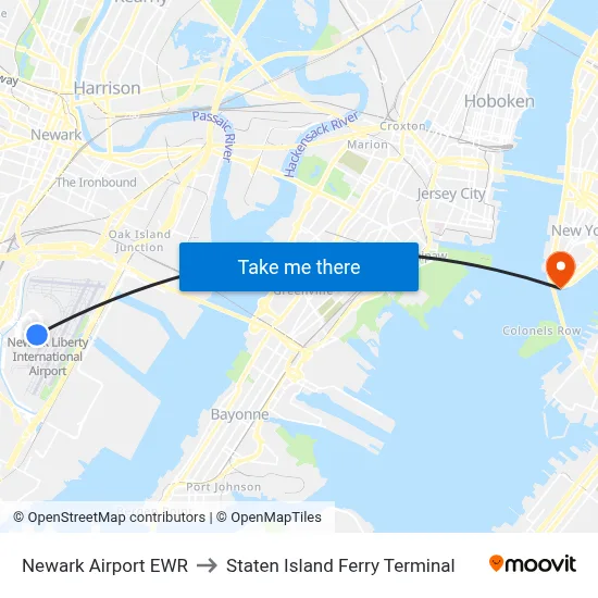 Newark Airport EWR to Staten Island Ferry Terminal map