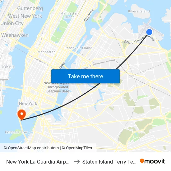 New York La Guardia Airport LGA to Staten Island Ferry Terminal map