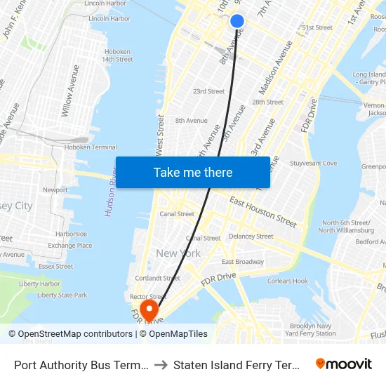 Port Authority Bus Terminal to Staten Island Ferry Terminal map