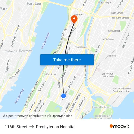 116th Street to Presbyterian Hospital map