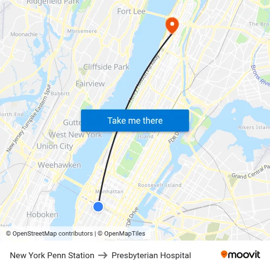 New York Penn Station to Presbyterian Hospital map