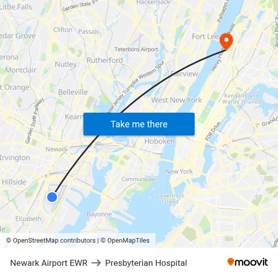 Newark Airport EWR to Presbyterian Hospital map