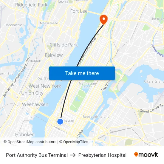 Port Authority Bus Terminal to Presbyterian Hospital map