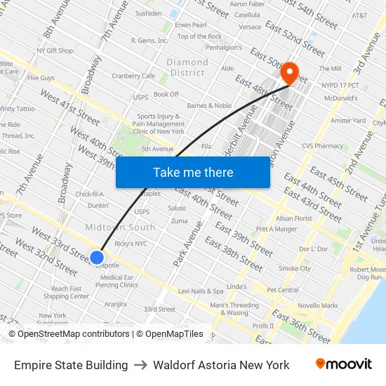 Empire State Building to Waldorf Astoria New York map