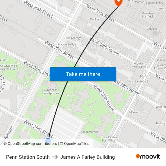 Penn Station South to James A Farley Building map