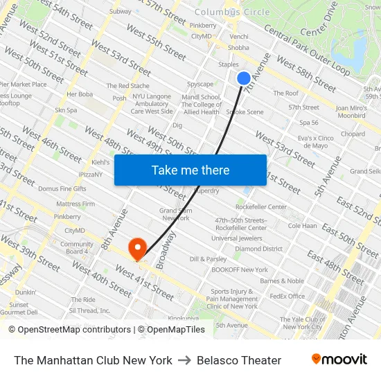 The Manhattan Club New York to Belasco Theater map