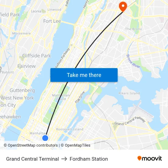 Grand Central Terminal to Fordham Station map