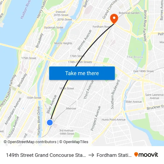 149th Street Grand Concourse Station to Fordham Station map