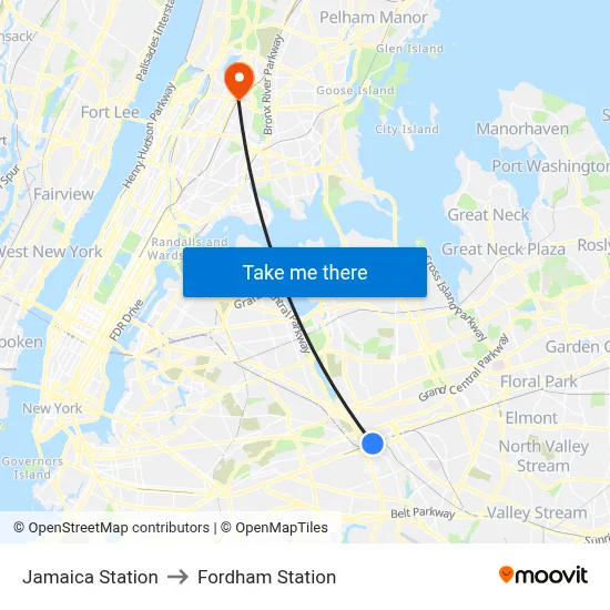 Jamaica Station to Fordham Station map
