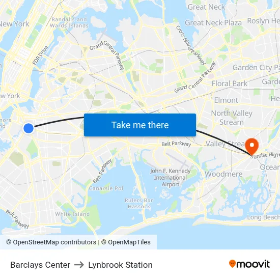 Barclays Center to Lynbrook Station map
