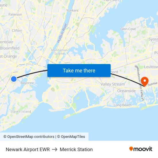 Newark Airport EWR to Merrick Station map