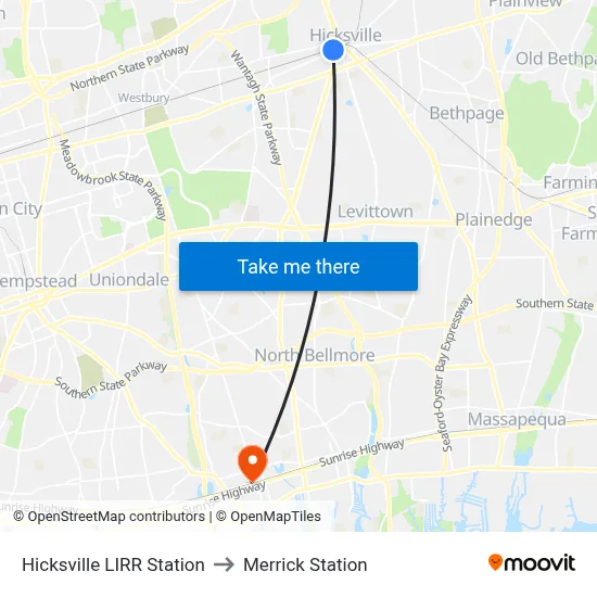 Hicksville LIRR Station to Merrick Station map