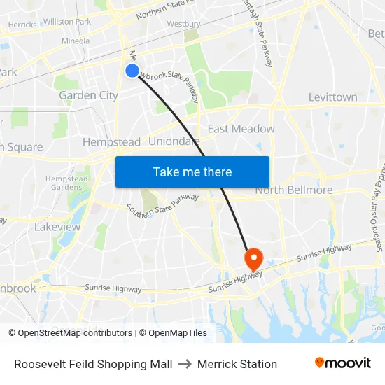 Roosevelt Feild Shopping Mall to Merrick Station map