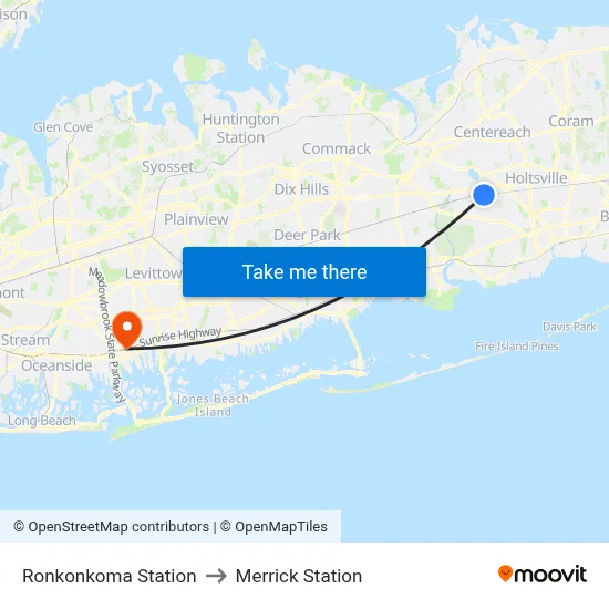 Ronkonkoma Station to Merrick Station map